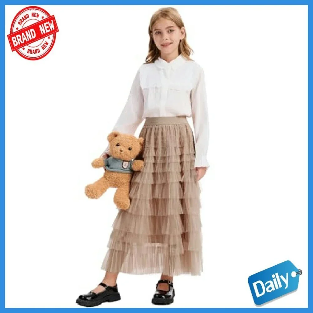 Girls Long Tulle Tutu Skirt A-Line Layered Ruffle Tiered Maxi Petticoat